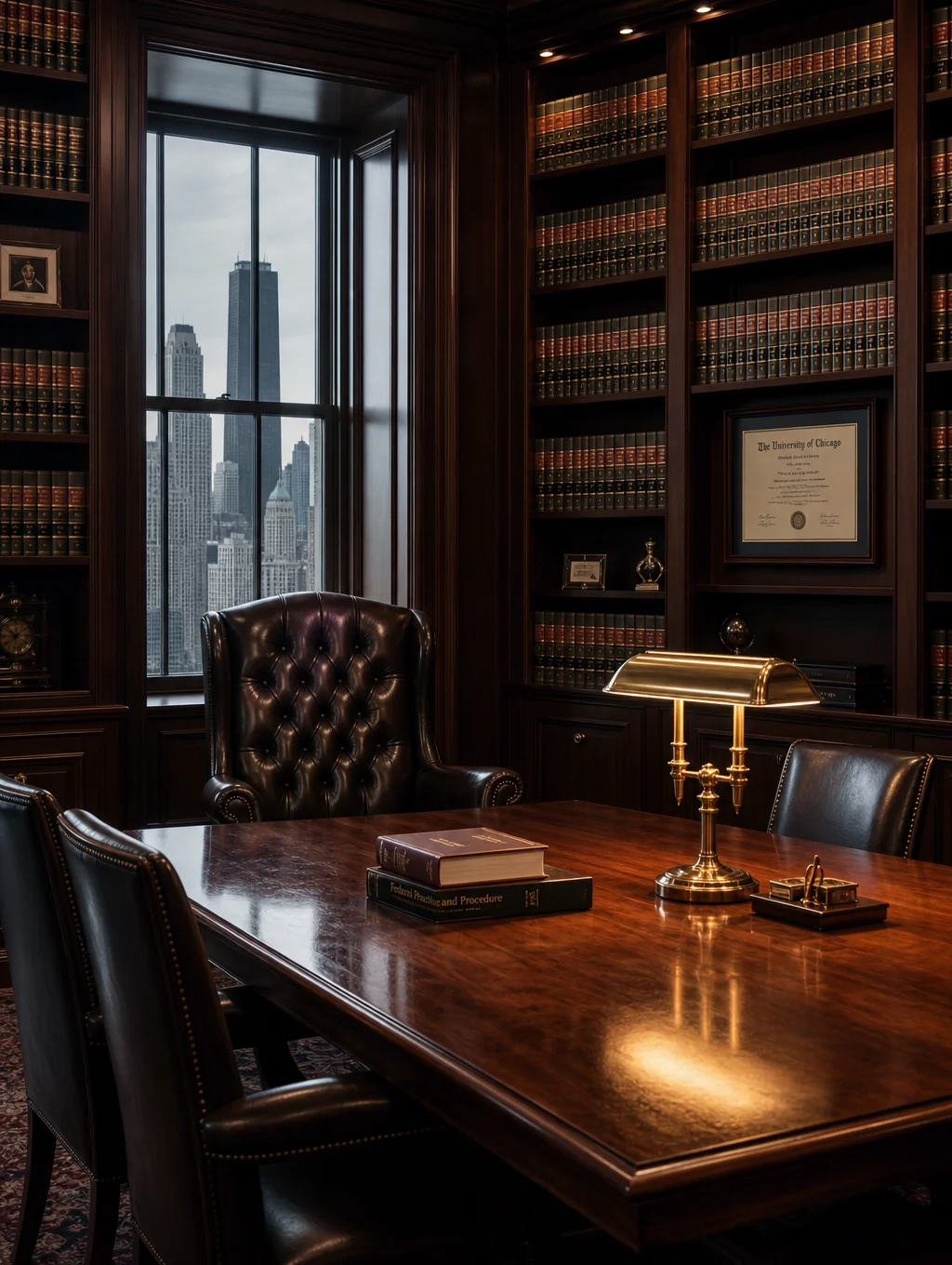 CADASTRE quiet mahogany wood-paneled law library and consultation chamber